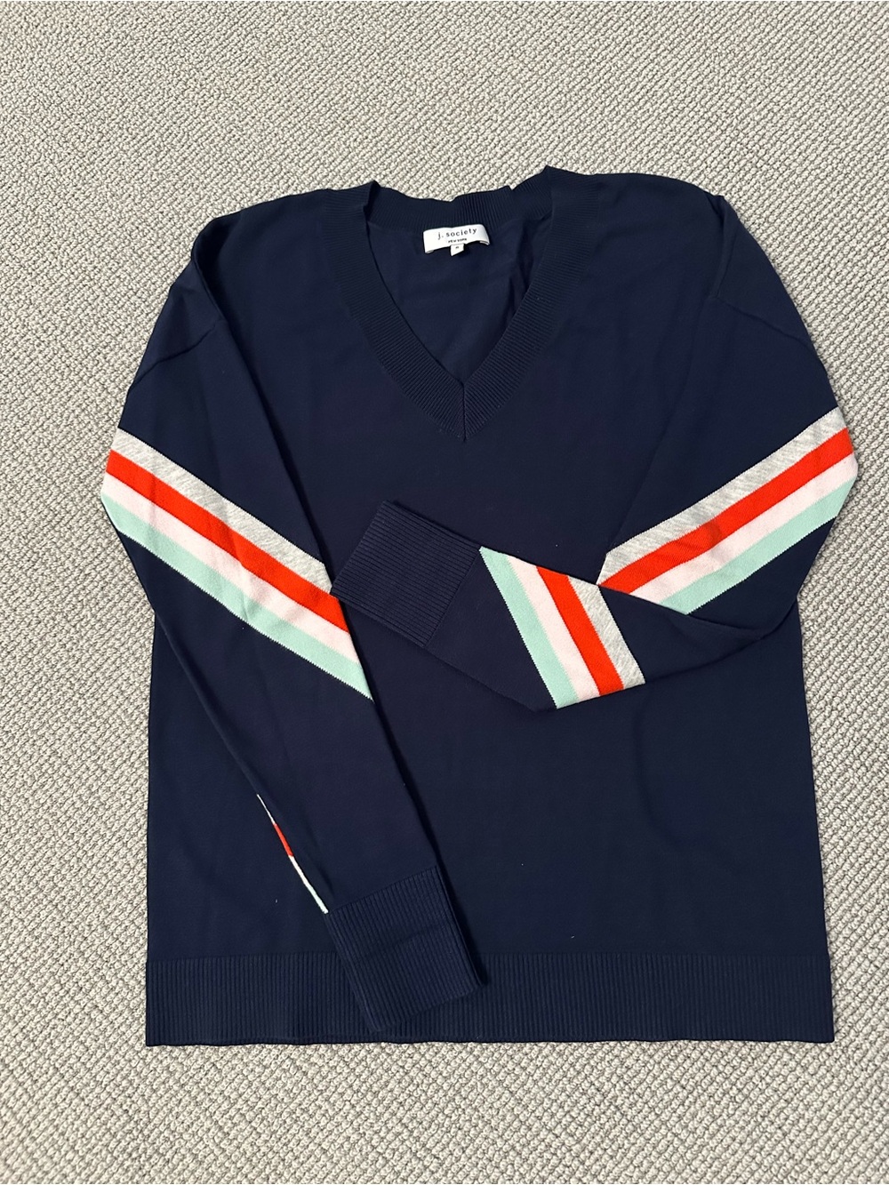 J. Society Women’s Size S Navy VNeck Sweater w/ Red, Mint & White Striped Sleeve
